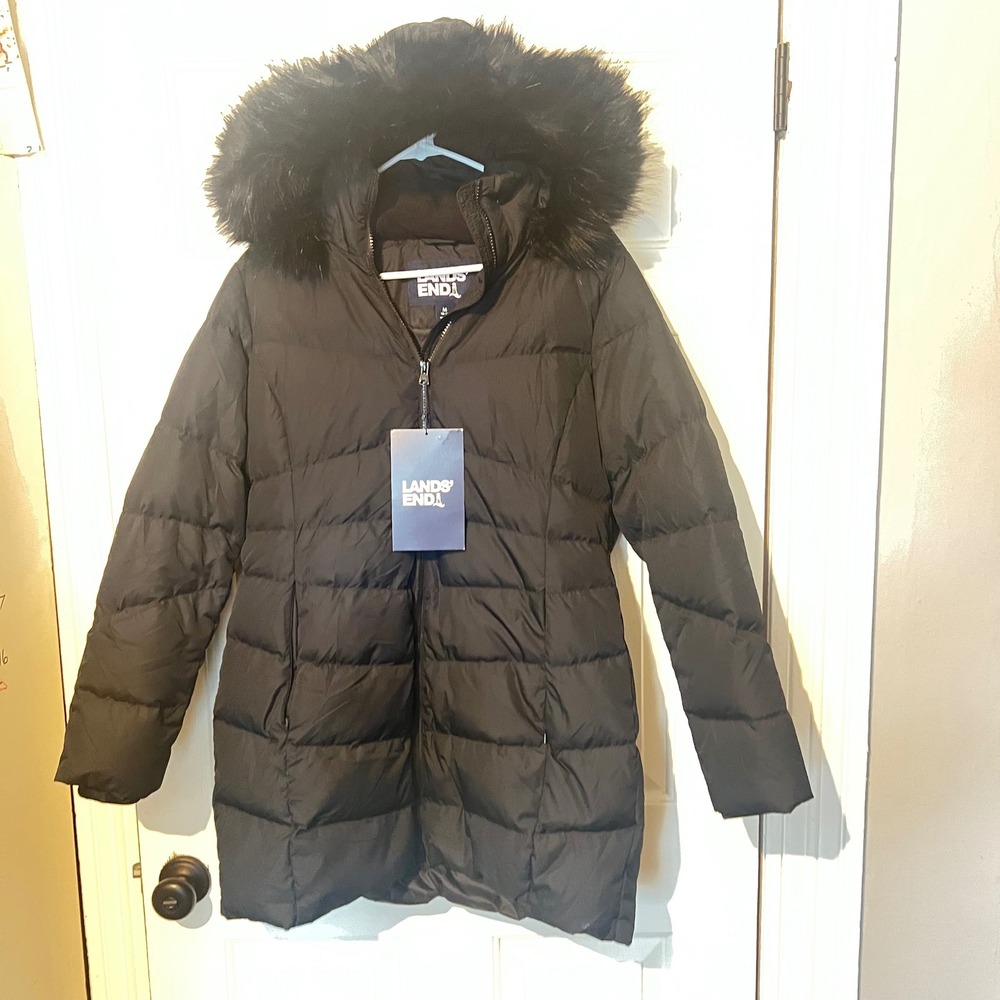 Lands End Womens Black Down Faux Fur Hooded Coat Parka Medium 10-12 NWT
